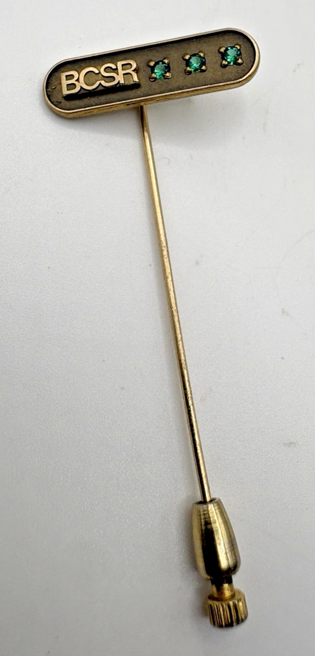 Burlington City RR BCSR 10k Gold Filled 1/10 3 Green Gem Small Bar Stick Pin
